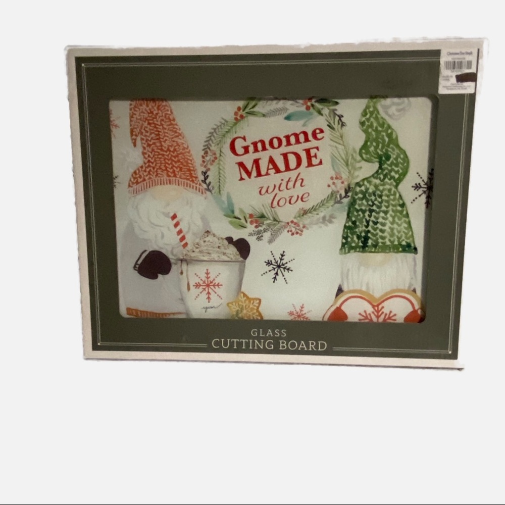 Christmas Tree Shops Christmas Glass Cutting Board Gnome Made With Love 12 x 15